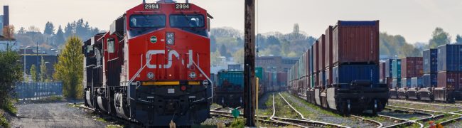 Vancouver, Canada - April 2018 : CN Rail Locomotive in Freight Yard