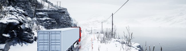 Red truck transport with container on winter road Red truck transport with container on winter road