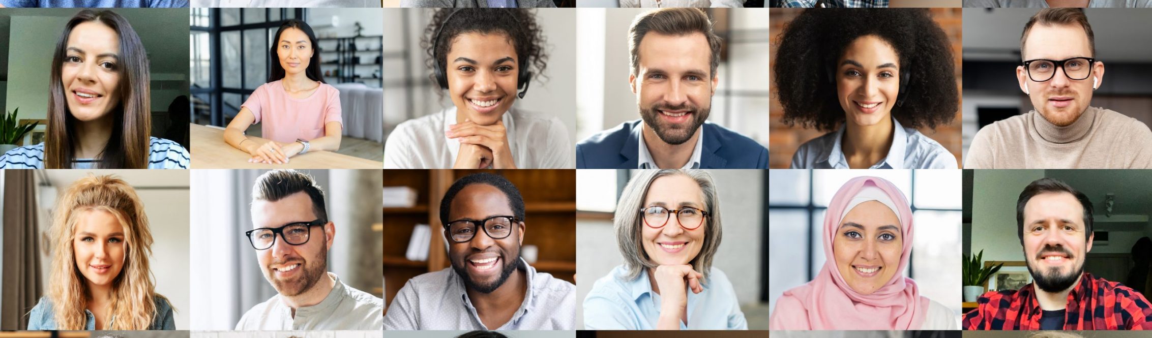 Crowded video screen with diverse multinational people on it. Video meeting online for office employees working remotely. Multiracial colleagues involved in online conference, video call. Hr data base