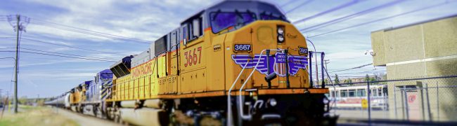 April 27 2015 - Calgary Alberta Canada - Union Pacific Locomotive 3667 at train station in Calgary