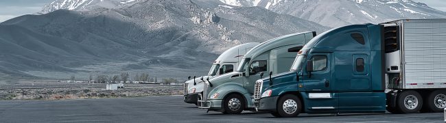 Commercial trucks parked at a truck stop in Nevada with mountain covered in snow seen in the background.