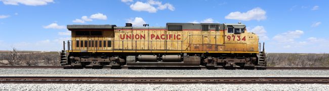 Monahans, TX, USA – March 15, 2014: A Union Pacific diesel locomotive sits idle in Monahans. The Union Pacific Railroad is an American freight railroad company headquartered in Omaha, NE.