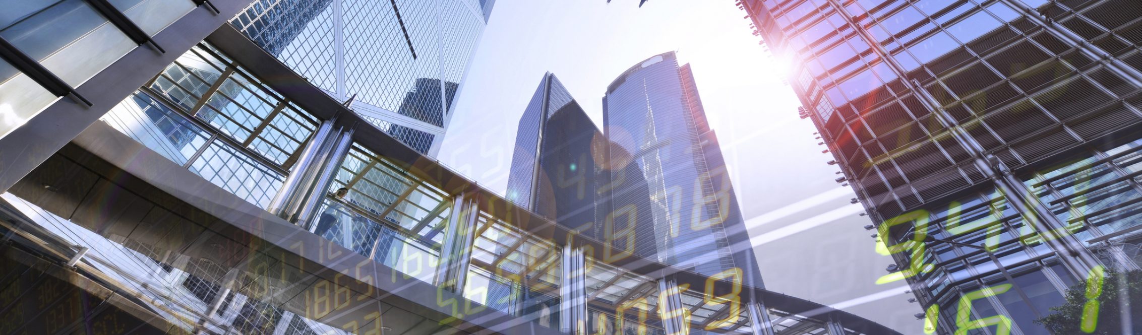 Statistic graph index of stock Market Exchange on a skyscraper in hong kong background