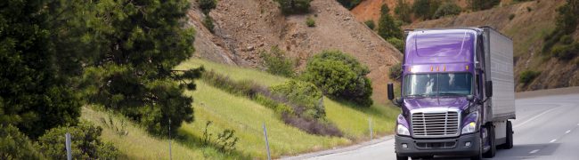 Lilac semi truck with aluminum trailer is moving along winding highway through the Grand pass in California against the background of orange sandstone mountain slopes and contrast green trees and small bushes and transporting commercial cargo to destination warehouse