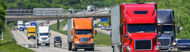 A steady flow of semis lead the way down a busy interstate highway in Tennessee.  Heat waves rising from the pavement give a nice shimmering effect to vehicles and forest behind the lead trucks.  Excellent reverse copy space across both top and bottom of image.